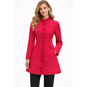 DKNY Hot Pink A-Line Ruffle Raincoat Jacket Trench Button Up Sz XS Classic Chic